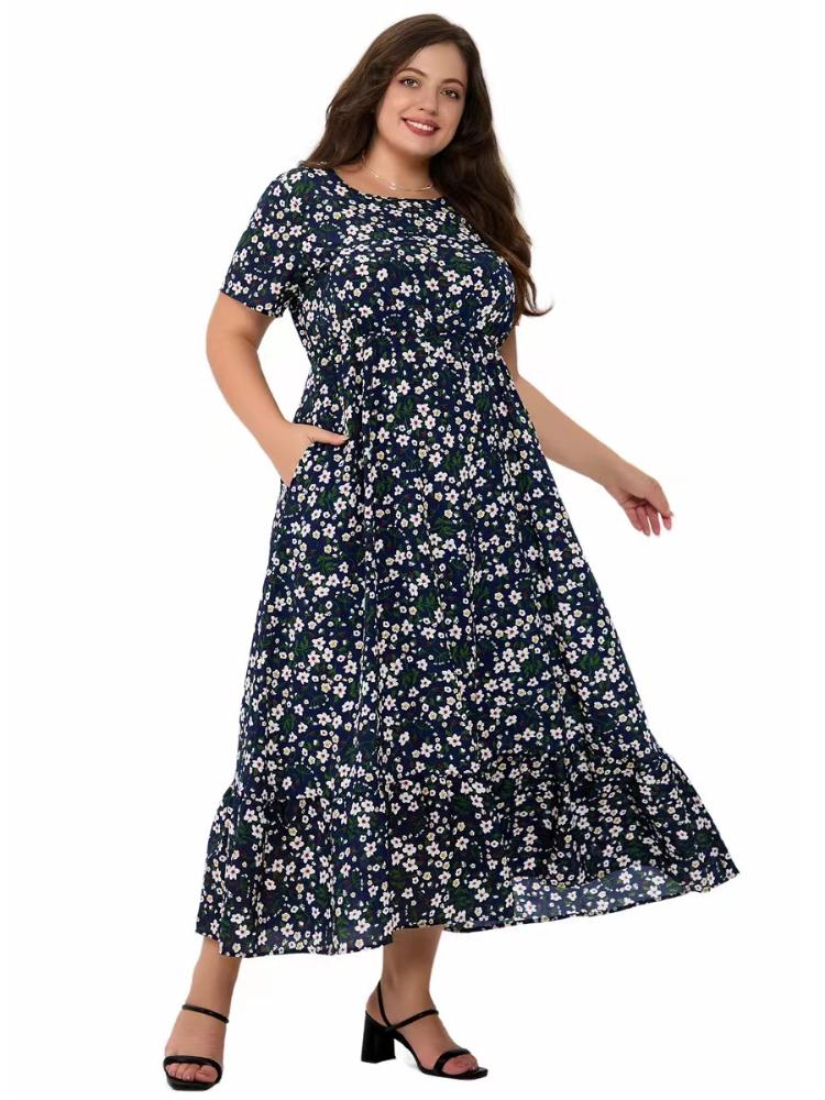 

Элегантное повседневное платье с круглым вырезом и коротким рукавом с принтом, женское летнее винтажное платье трапециевидной формы с воланом больших размеров, женская французская шикарная свободная натуральная одежда 5XL темно-синий