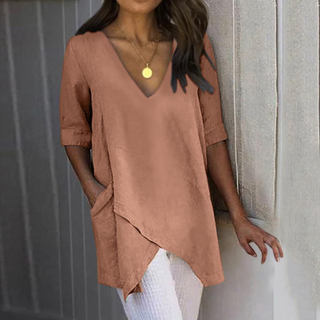 Women's Fashion Solid Colour Irregular Casual T-shirt V-Neck Half Sleeve Top