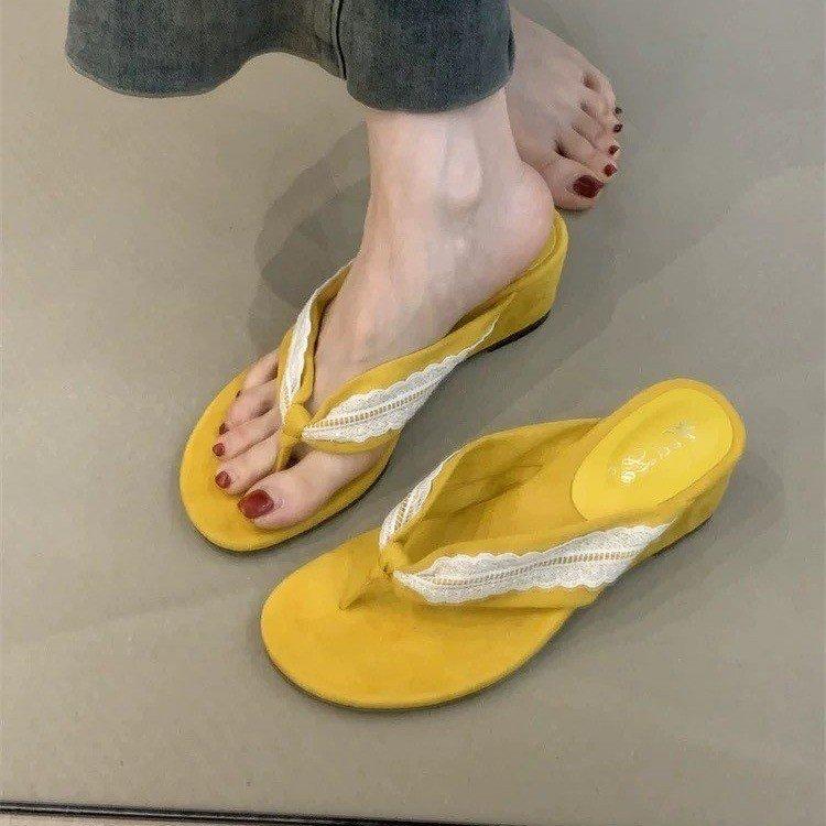Soft Leather Version~ Retro New Dopamine Toe Flip-flops Women's Lace Suede One-pedal Lazy Wedge Heel Sandals