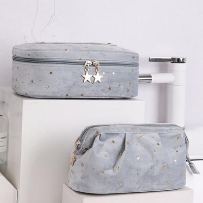 Large Capacity Travel Cosmetic Bag Bronzing Stars Velvet Material Cosmetic Storage Bag Cubic Shell Shape Wash Pouch