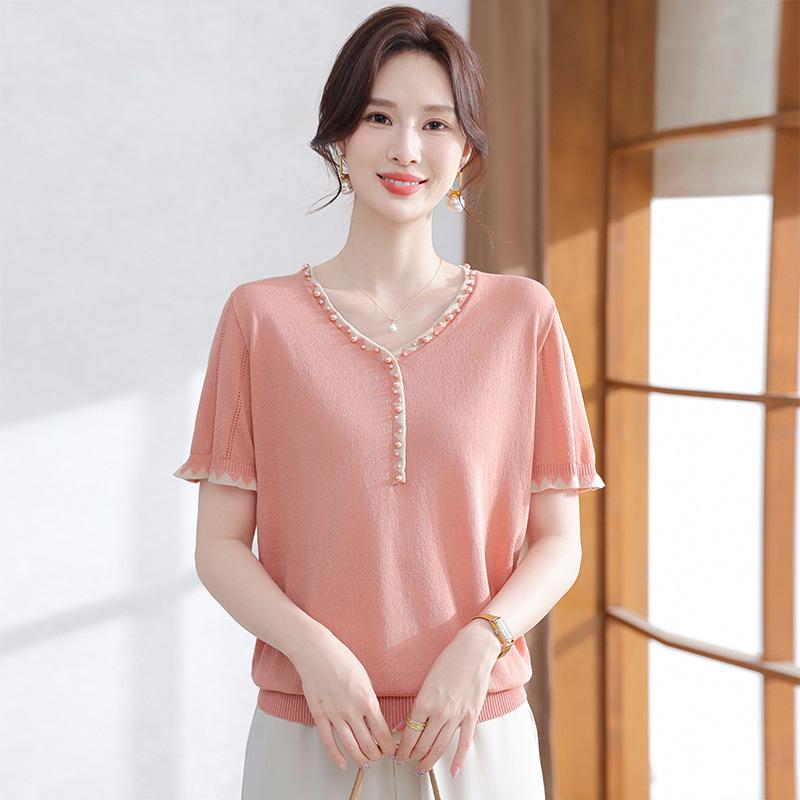 Mom s 2026 Ice Silk Short-Sleeve Wide-Leg Top for Middle-Aged & Elderly Women 3XL оранжевый/розовый