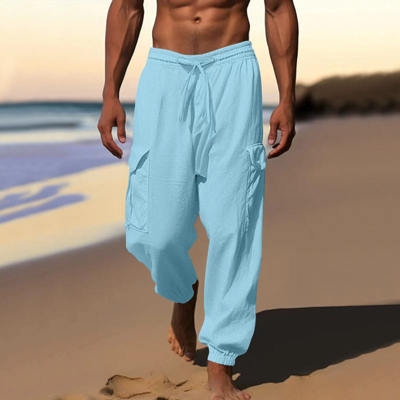 Spodnie wiosenno-jesienne męskie bawełniane i konopne, swobodne, z wieloma kieszeniami, sznurkiem, w jednolitym kolorze, luźne, duże rozmiary, do pracy, długie spodnie męskie