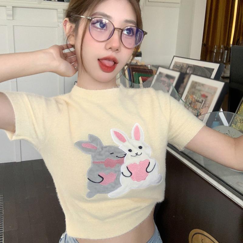 

Летняя женская футболка с принтом кролика, милые повседневные топы с короткими рукавами One Size