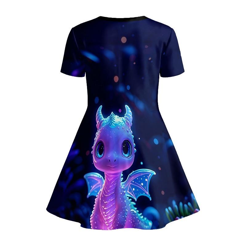 Little Girls Warm Soft Cute Fresh Dreamy Fantasy Print Summer Swing Dress Short Sleeve Kids Casual Play Outfit