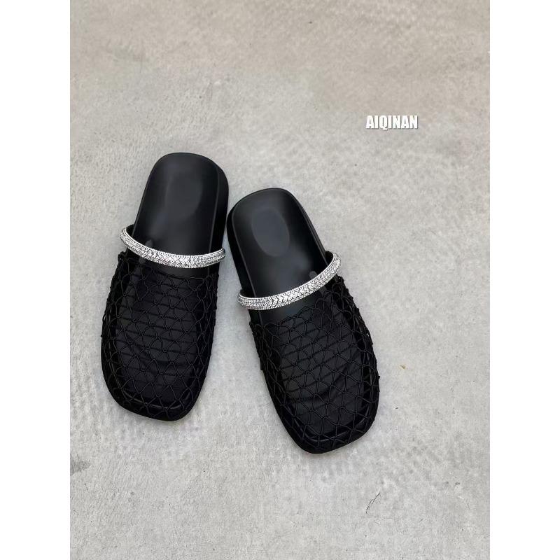 

Summer new outer wear hollow woven breathable bag head half slippers women s flat bottom rhinestone cool slippers fishing net shoes 40