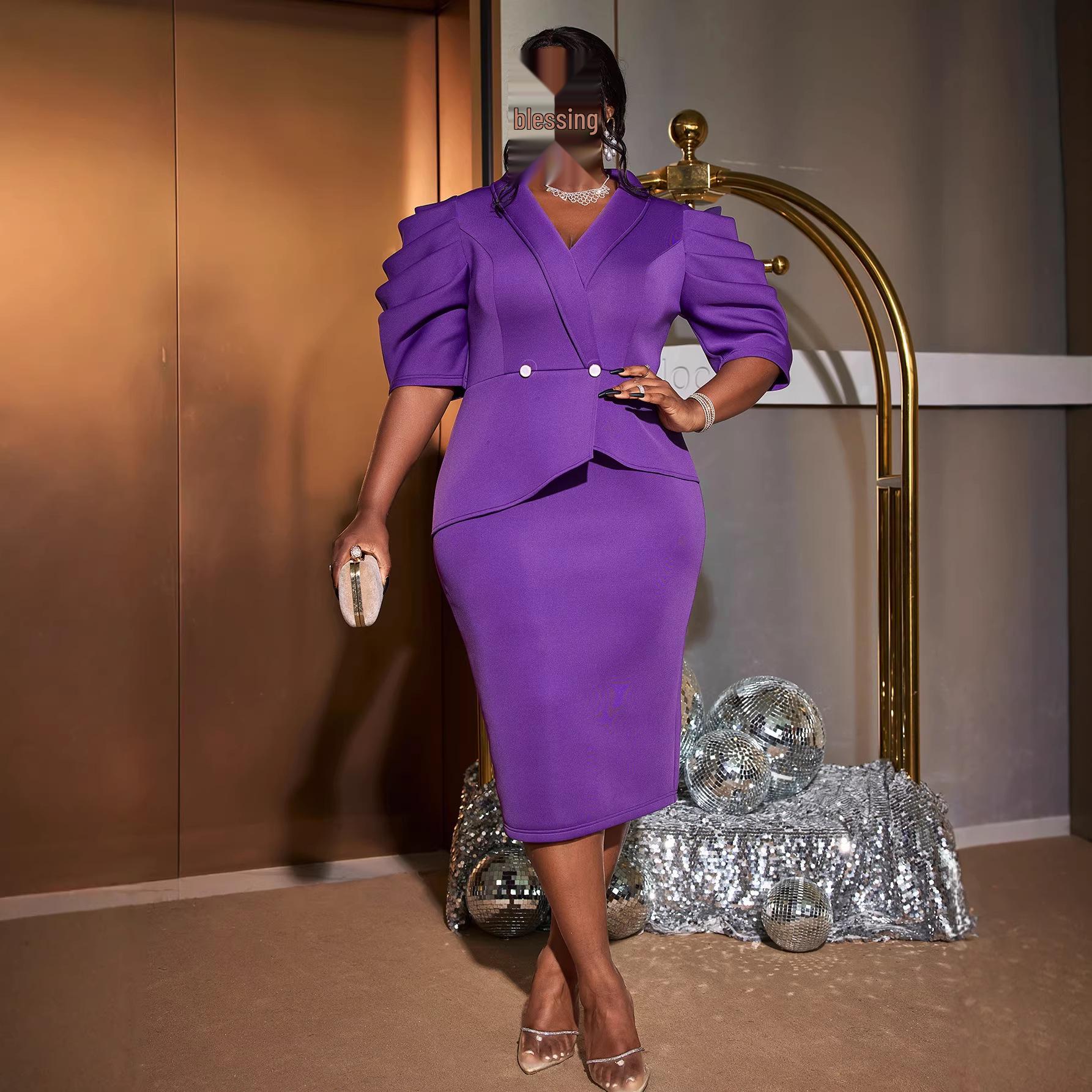 Elegant Plus Size Purple Puff Sleeve Pencil Dress for Women 4XL