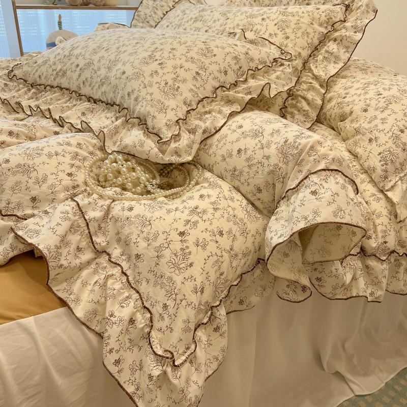 3/4Pc Korean Princess Style Floral Ruffles Bedding Set Single Queen Size Soft Skin-friendly Washed Cotton Duvet Cover Pillowcase