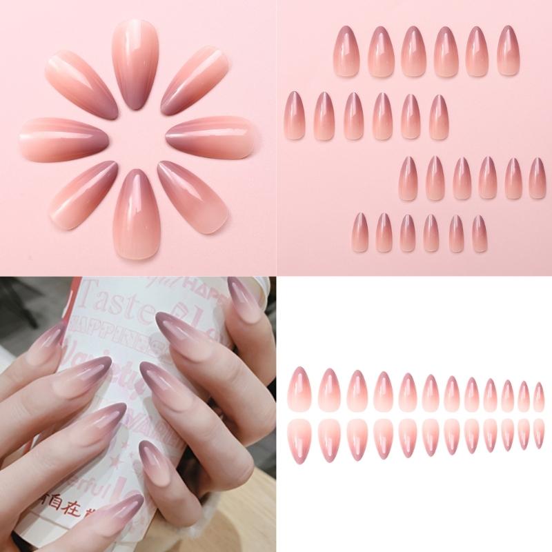 Oval Almond Acrylic Press On Nails 24Pcs Pink White Gradient False Nails with Glossy Finish for Women and Girls