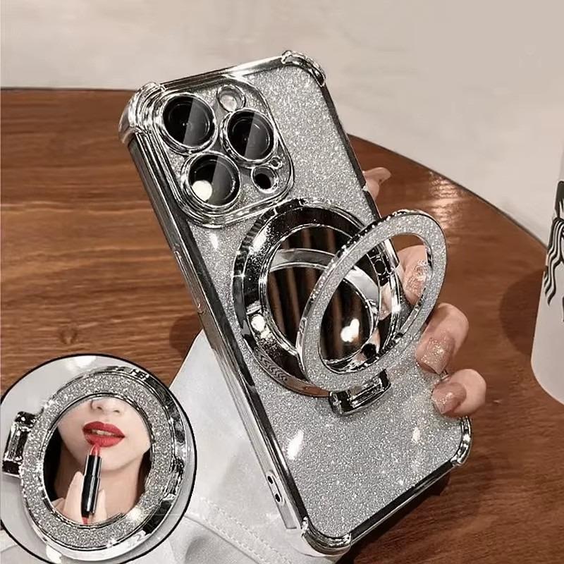 Plating Airbag Glitter Bracket Magsafe Case for iPhone 17 Air 16 15 11 12 13 14 Pro Max Luxury Mirror Cover