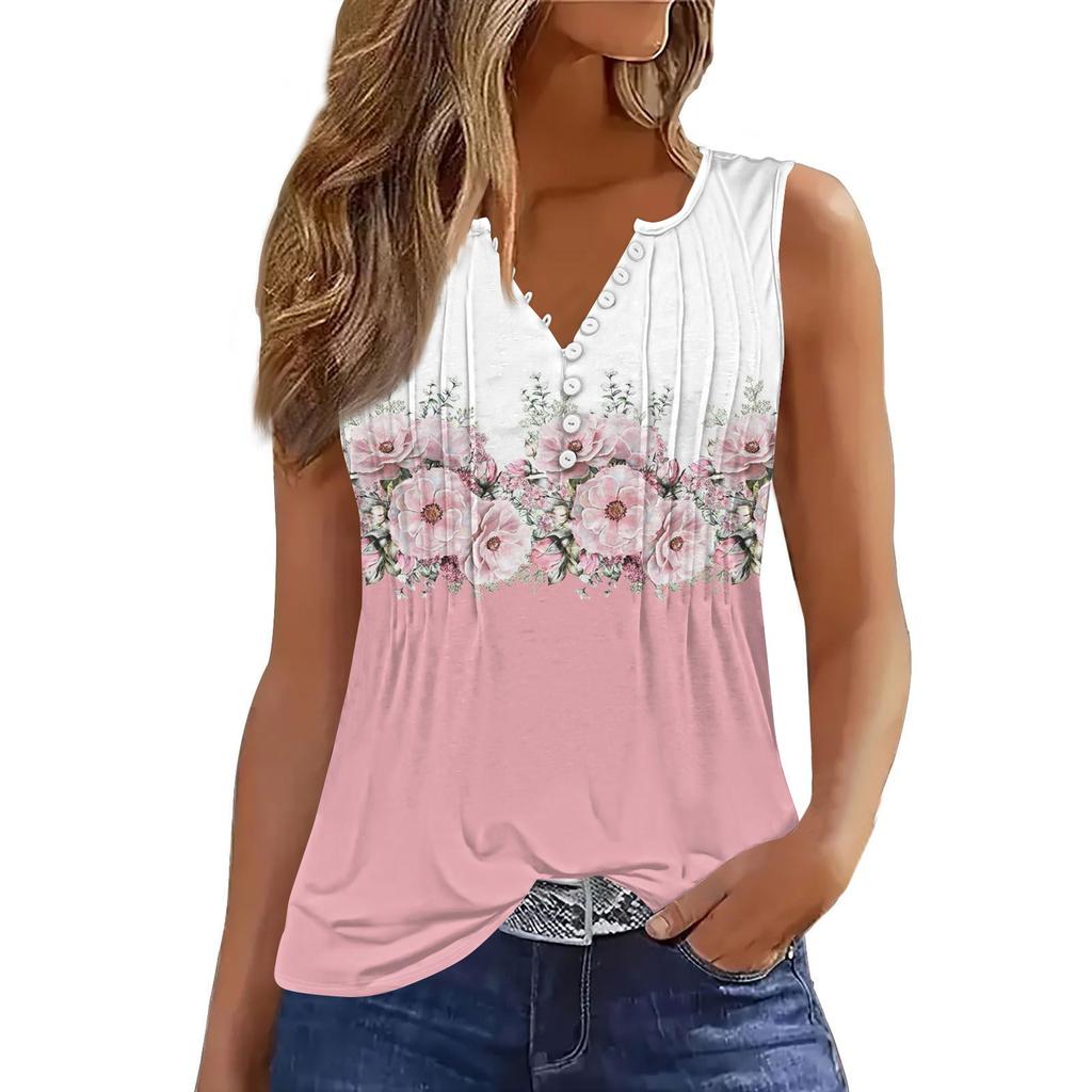 Women's Flowers And Plants Casual Loose Pleated Shirt V Collar Button-down T-shirt Shirt Sleeveless Vest Top