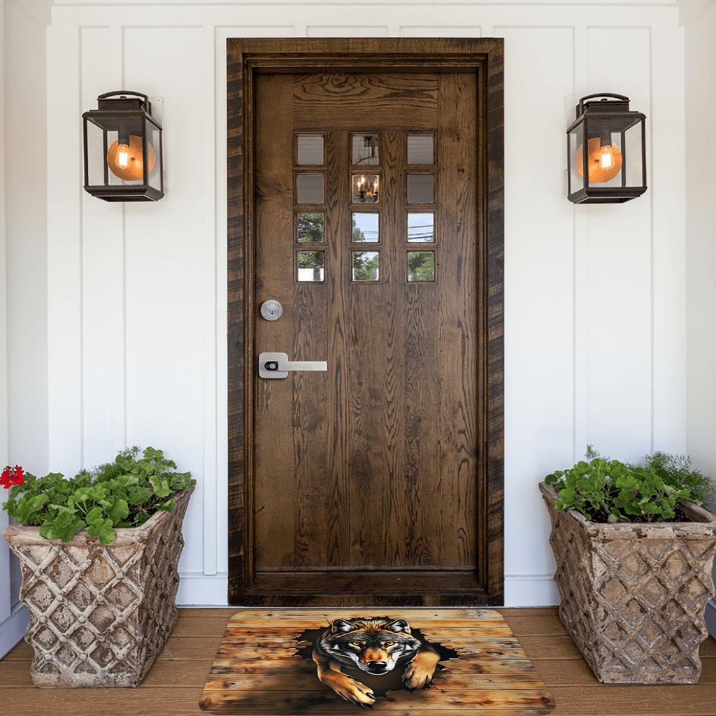 Realistic 3D Wolf  Peeking Out Of Torn Doormat Anti-Slip Bathroom Kitchen Mat Living Room Floor Door Entrance Carpet Rug