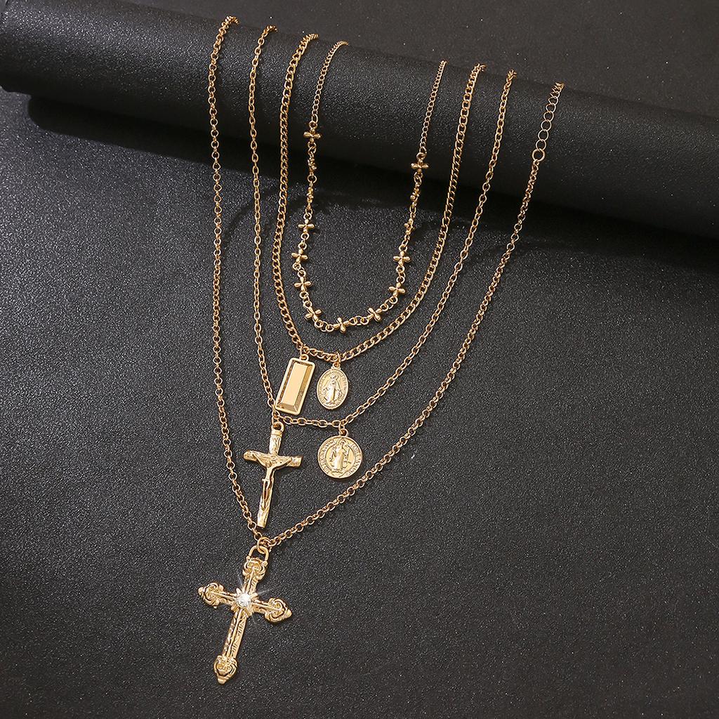 Popular multi-layer stacked cross necklace women's retro diamond-encrusted collarbone chain style decoration