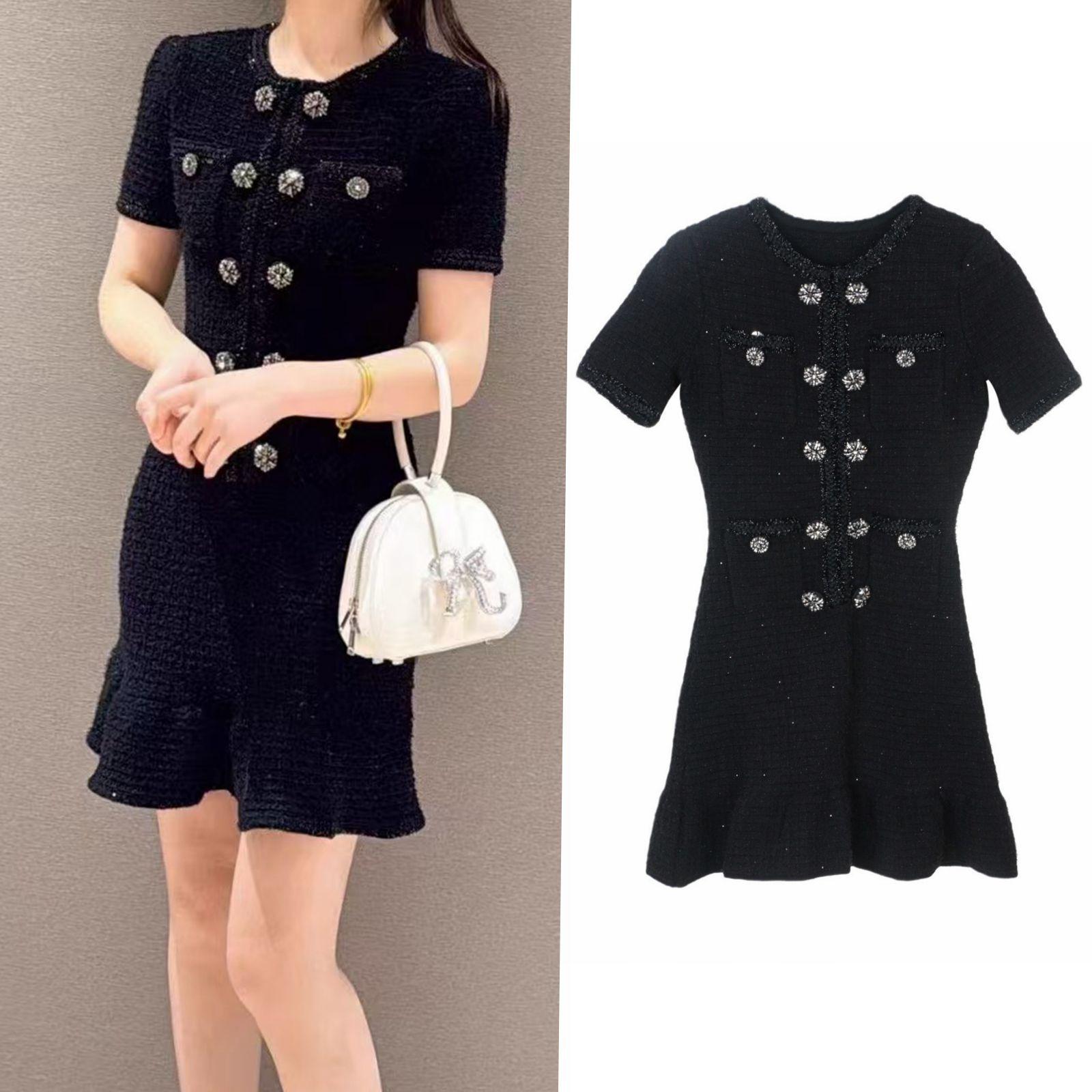 

Classic Black Double-Breasted Knit Dress - French Socialite Evening Style M