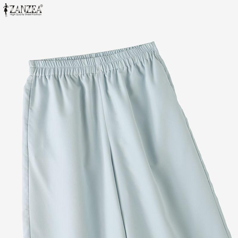 ZANZEA Women Casual Elastic Waist Loose Casual Lace Splice Cropped Pants