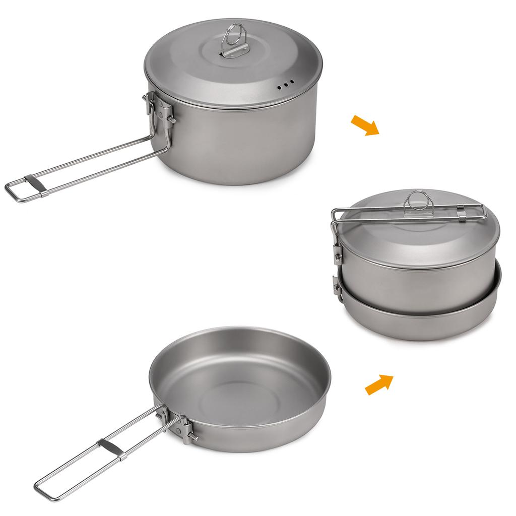 Camping Cookware Set Titanium Pot and Fry Pan Set with Lid and Foldable Handles for Outdoor Camping Hiking Backpacking