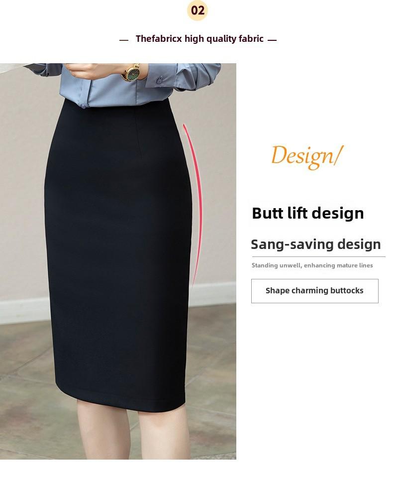 Dámská letní sukně střední délky s vysokým pasem a rozparkem - Pracovní styl, obepínající boky, jednodílný design