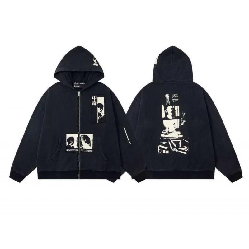 Mens Oversized Streetwear Hoodie With Distressed Zipper Graphic Print Cotton Long Sleeve Pullover Casual Wear