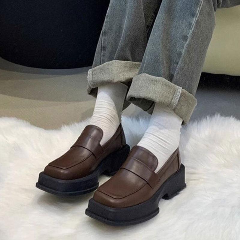 Thick-soled Square Head Retro Loafers Women's Shoes Single Shoes 2025 New Spring Versatile Black British Style Small Leather Shoes