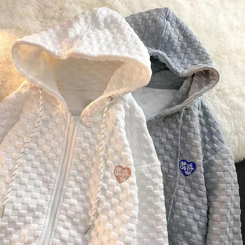 Autumn Women's Plus Size Hooded Sweatshirt Loose Waffle Long Sleeve Cardigan Jacket