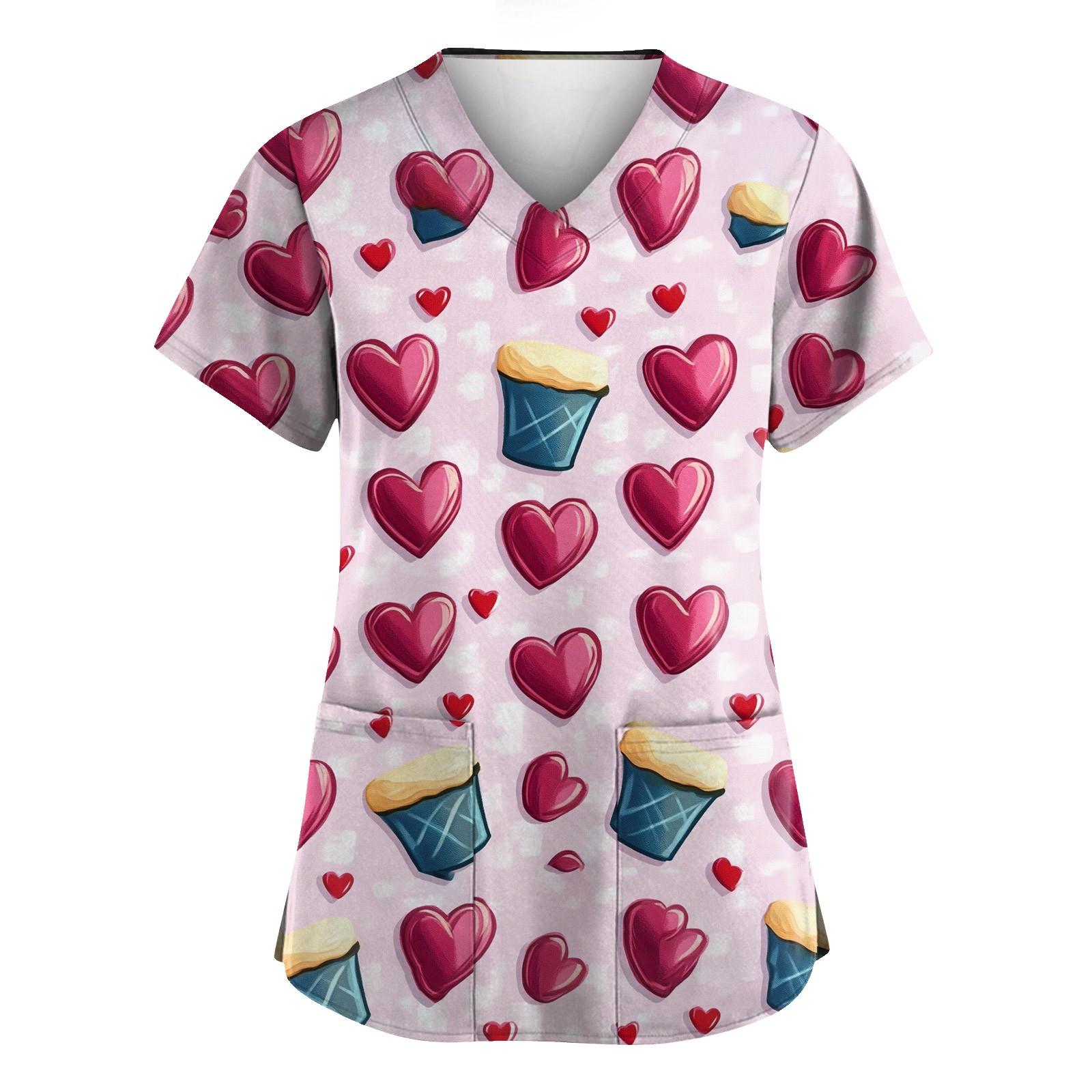 

Женская униформа с принтом ко Дню святого Валентина, рабочая униформа с V-образным вырезом и карманами, защитная униформа L