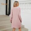 Herbst Frühling Kleid Faden Einfarbig Lose Brust Tasche Lange Ärmel O Hals Pullover Knie Länge Pendeln Dating Midi Kleid