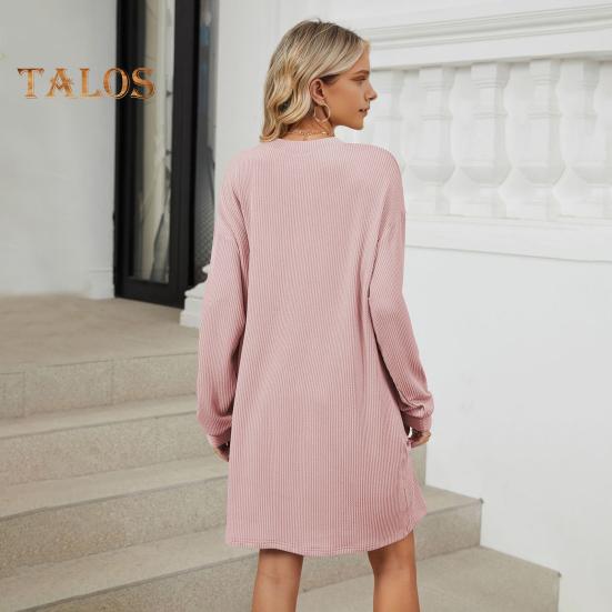 Herbst Frühling Kleid Faden Einfarbig Lose Brust Tasche Lange Ärmel O Hals Pullover Knie Länge Pendeln Dating Midi Kleid