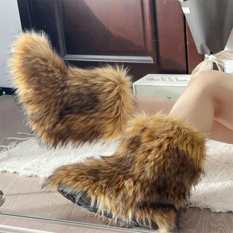 Fashion New Winter Fur Onepiece Raccoon Fur Female Snow Boots Fur Shoes Outdoor Mid Leg Boots
