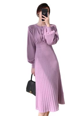 Vilaria Knit Long Round Solid Casual Women's Dress, Sleeve, Neck, Flattering, Autumn/Winter, Color, Stylish,