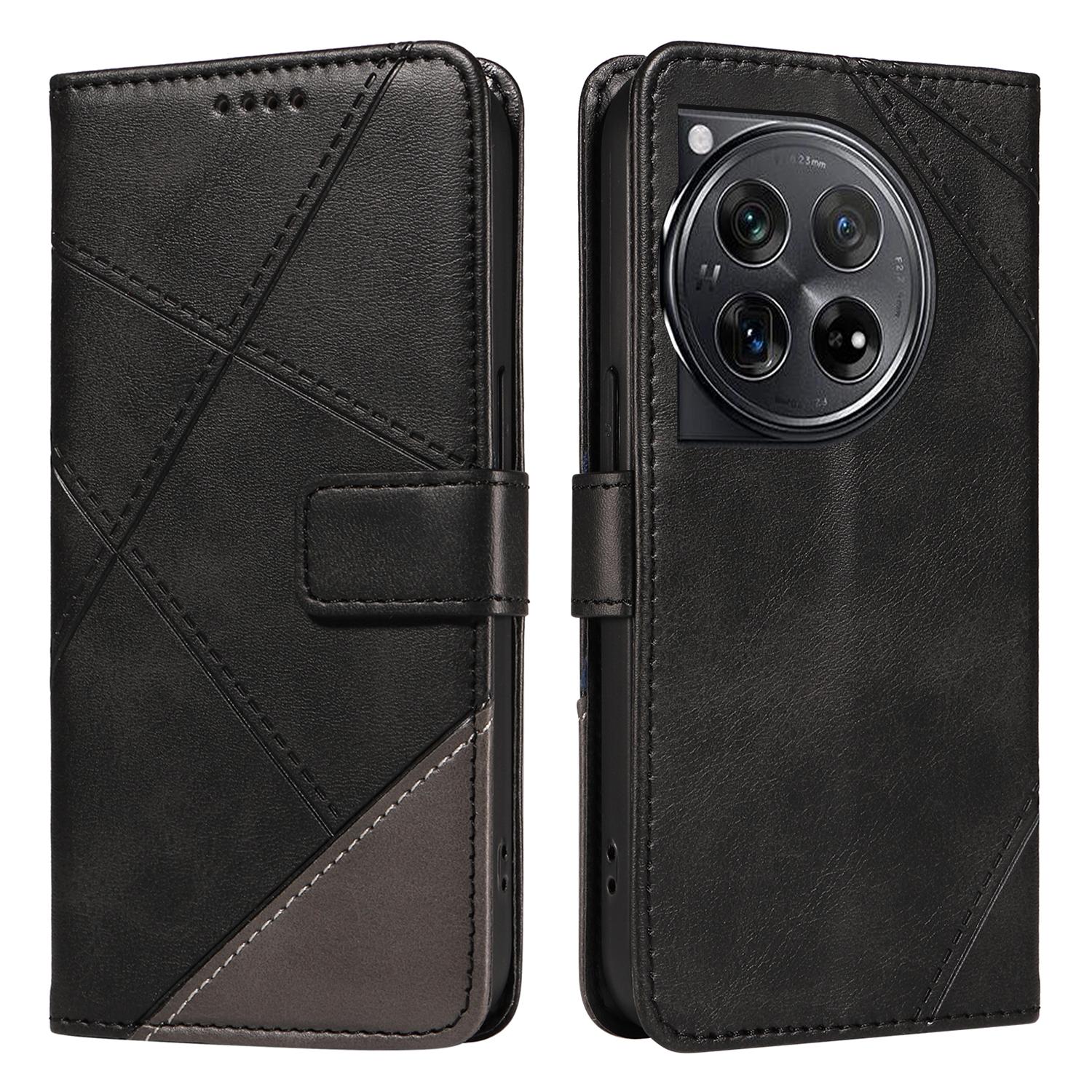 

For OnePlus 12 5G Case Leather Geometric Line Wallet Phone Cover with Wrist Strap B
