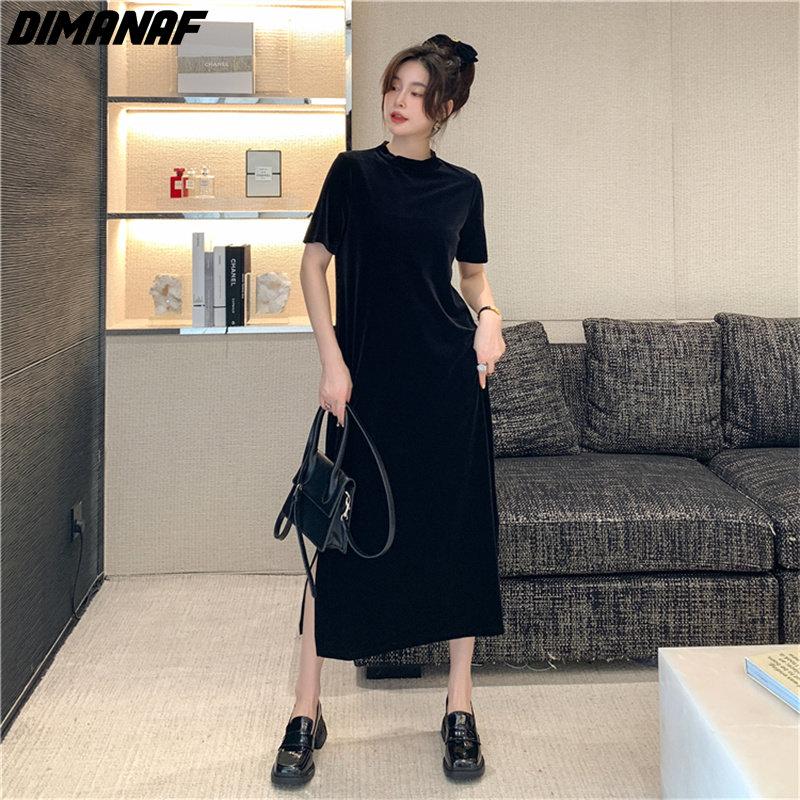 Dimanaf Women 2022 New Autumn Dress Solid Elegant Long Dress Loose Dress Show Thin O-Neck Dresses
