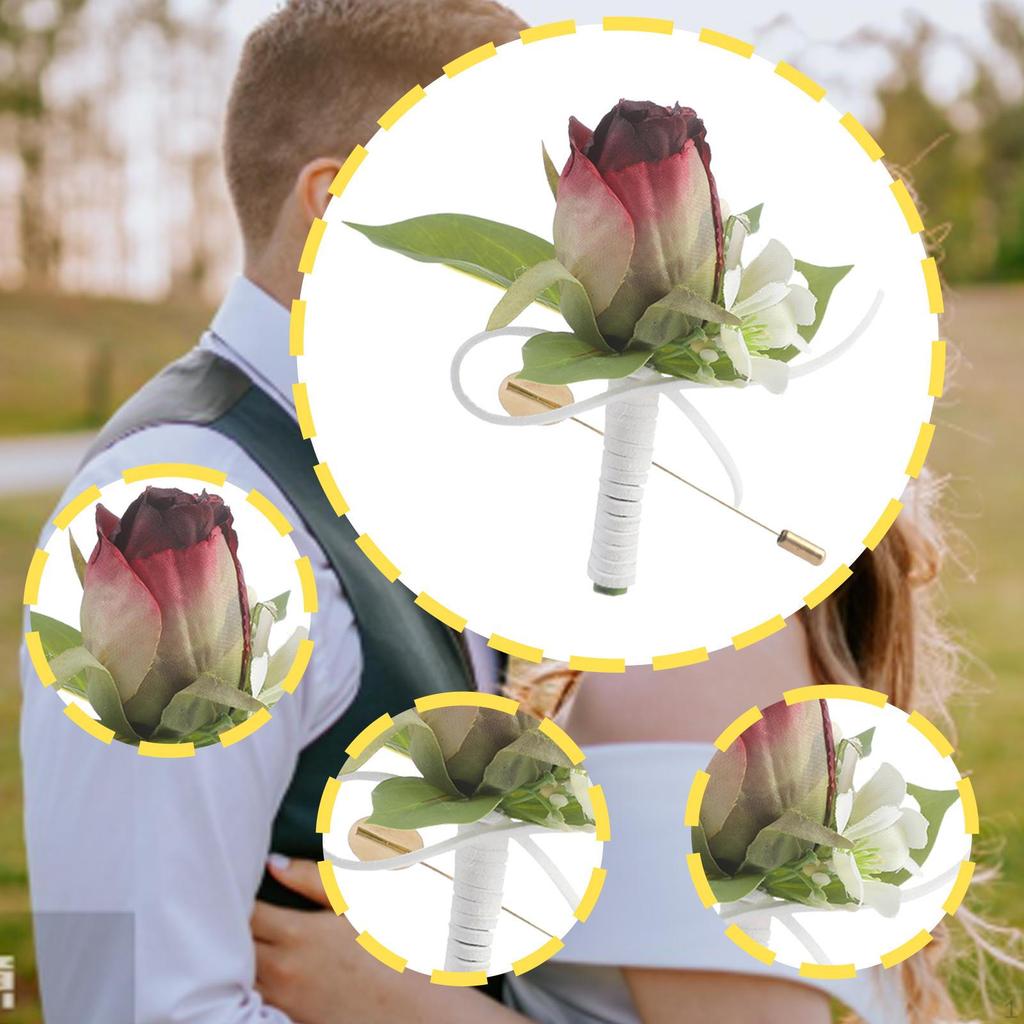 Men Wedding Boutonniere Brooch Pin Romantic Artificial Rose Flower Suit Decoration for