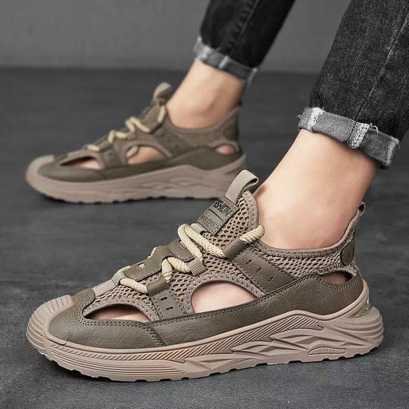 Fashion 2025 Men Rubber Shoes Sport Man Summer Sandals Leather Italian Men’s Beach Tennis  Fashion Hollow Out Lace-Up Slippers