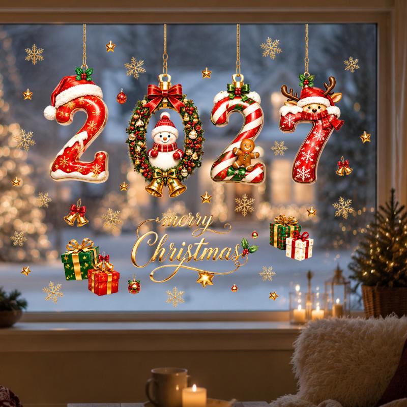 Christmas Static Cling Gingerbread Number Decals 2027 New Year Window Stickers for DIY Holiday Home Party Decorations