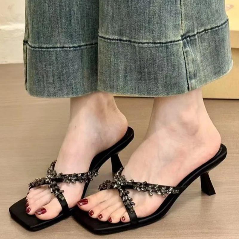 Fashion High Heels Women Slippers Crystal Elegant Shoes Summer Fashion Pumps Woman Sandals 2025 New Trend Brand Dress Women’s Zapatillas