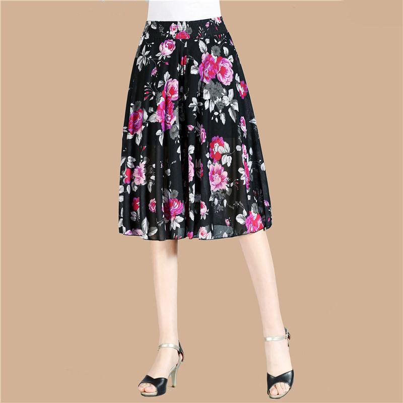 

WTEMPO Women s Spring Summer Ice Silk Wide Leg Pants Elastic High Waist Thin Printed Skirt Pants Mother s Loose Cropped Pants One Size серый