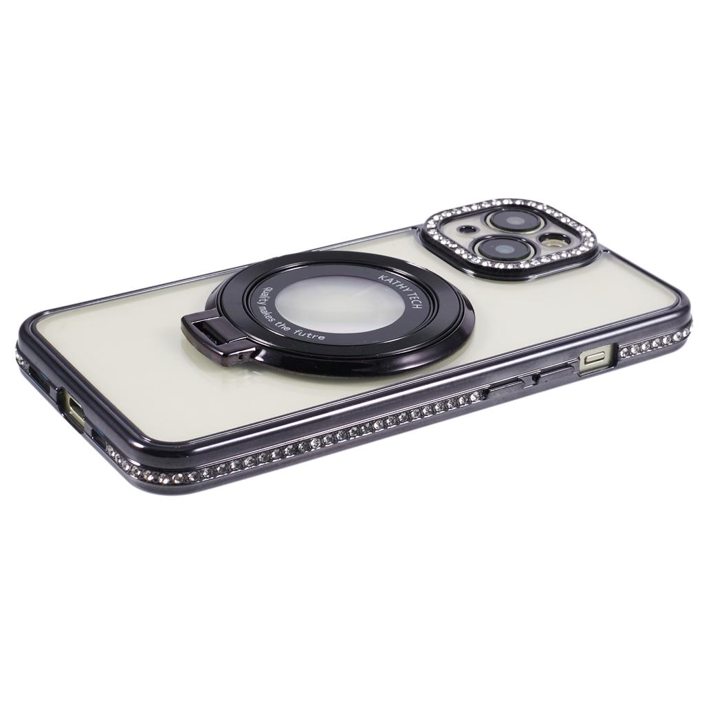 For iPhone 15 Case with Ring Kickstand TPU Anti-Dust Rhinestones Decor Protective Cover