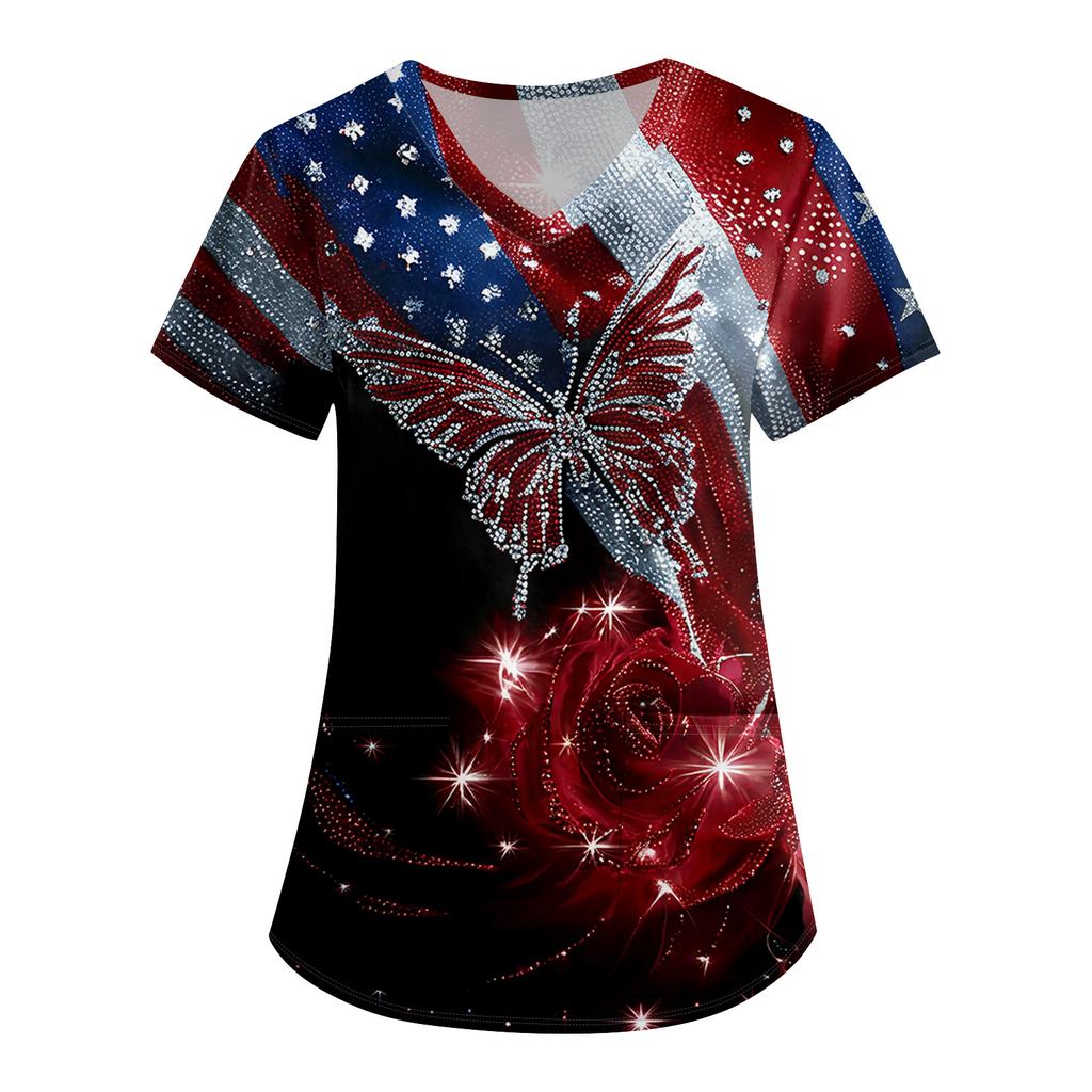 Plus SizePrinted Scrub Working Uniform Tops For Women's Cross V-Neck Print Short Sleeve Fun T-Shirts Tee With Pockets