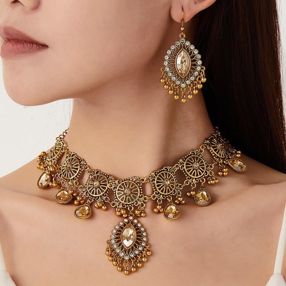 Metal Necklace Earrings Set Bohemia Style Ethnic Style Necklace Set Rhinestone Jewelry Set Women