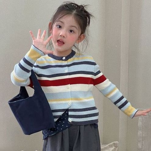 Spring Autumn Girls Striped Knit Cardigan Baby Fashionable Versatile Sweater Coat 90
