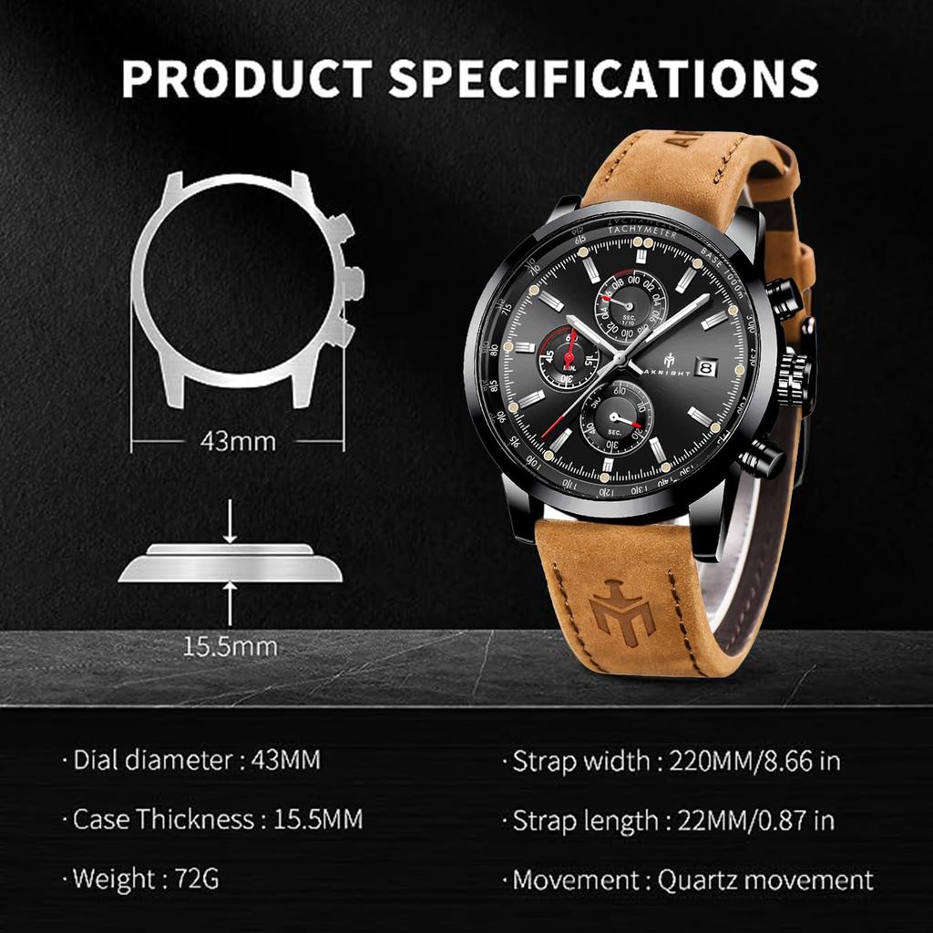 AKNIGHT Watch Genuine Leather Crystal Luminous Date Japanese Instruction Manual Men's - Stylish, Popular, Quartz, Strap, Chronograph, Display,