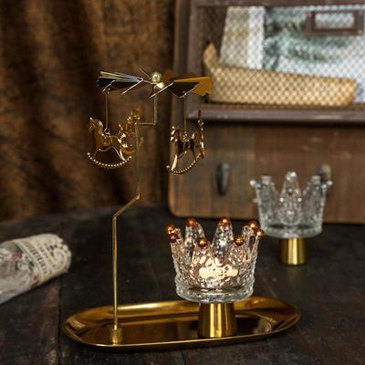 Romantic European Rotating Metal Carousel Candlestick with Tray