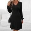 Herbst Winter Geripptes Strickkleid V-Ausschnitt Langarm Minikleid Einfarbig Dickes warmes A-Linien-Kleid Streetwear