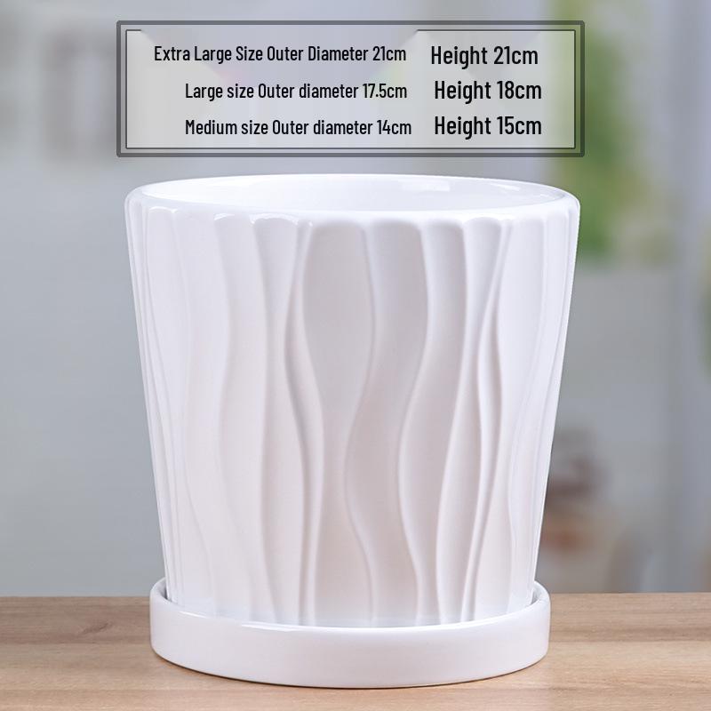 Simple White Ceramic Flower Pot with Base for Indoor Plants - Available in Large and Extra Large