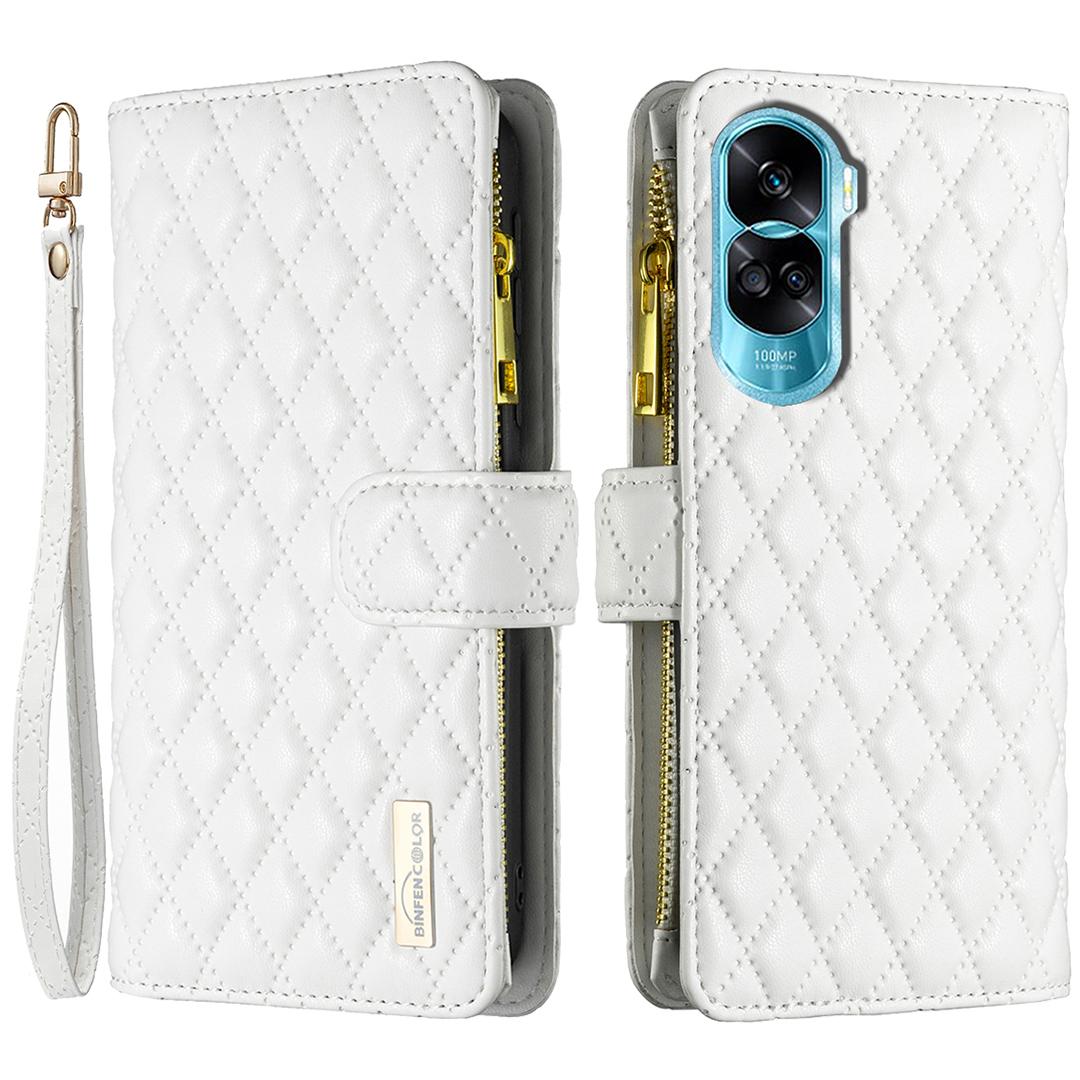 

BINFEN COLOR BF Style-15 For Honor 90 Lite 5G/X50i 5G Flip Shell Zipper Pocket Leather Phone Case Wallet Stand Cover White