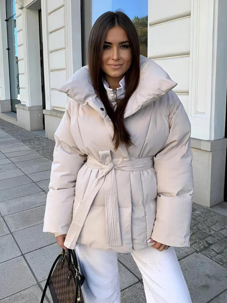 Women's Warm Waist Slimming Long Sleeve Tie Waist Loose Solid Color Fashion Winter Cotton Jacket Coat