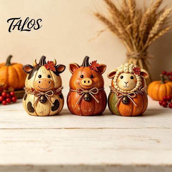 Seasonal Autumn Shelf Display 3PCS Rustic Harvest Wooden Ornaments, Animal Designs Retro Small Pumpkin Figurines Distressed Farmhouse Crafts,