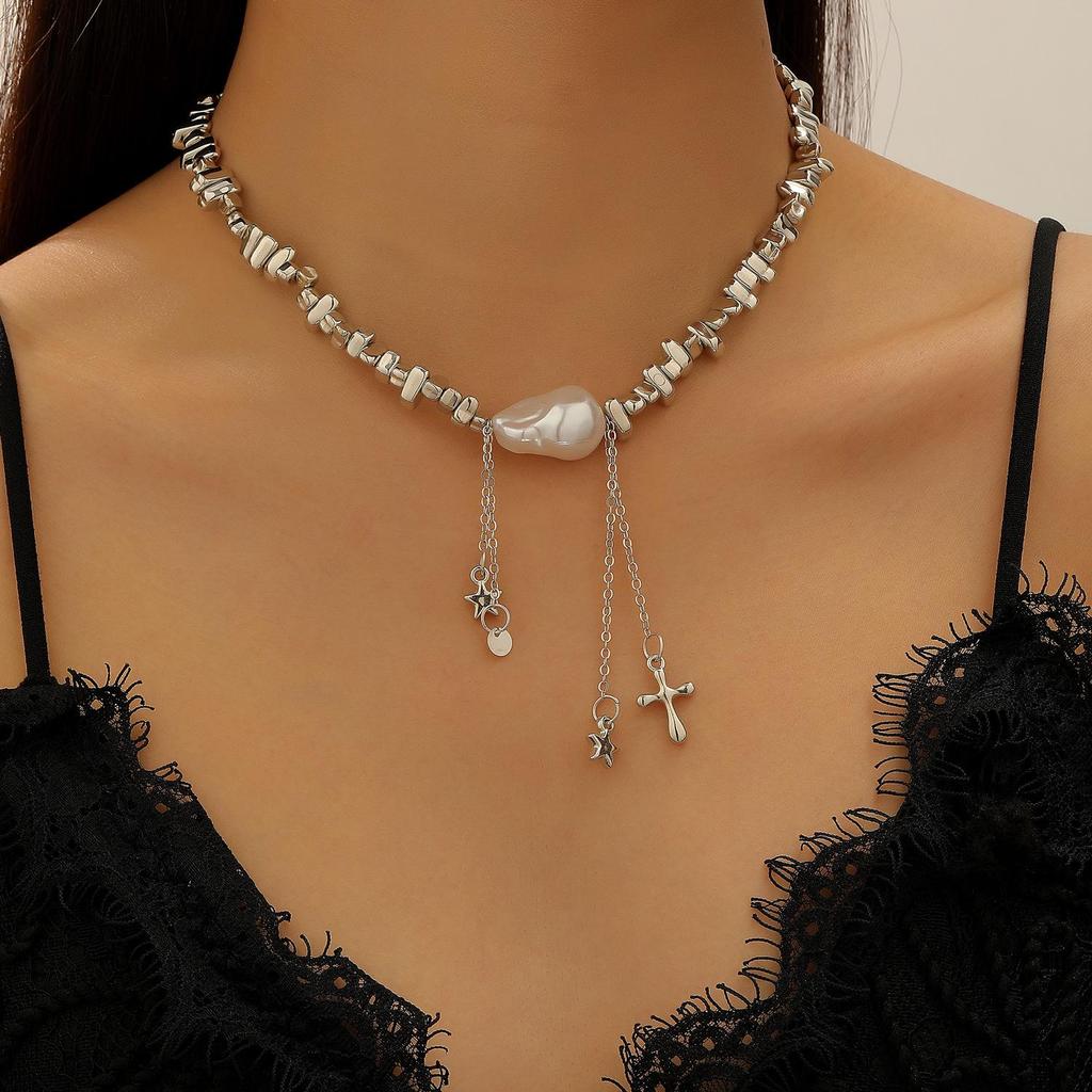 Barokowy nieregularny zestaw naszyjnika i bransoletki z pereł w kolorze srebra dla kobiet