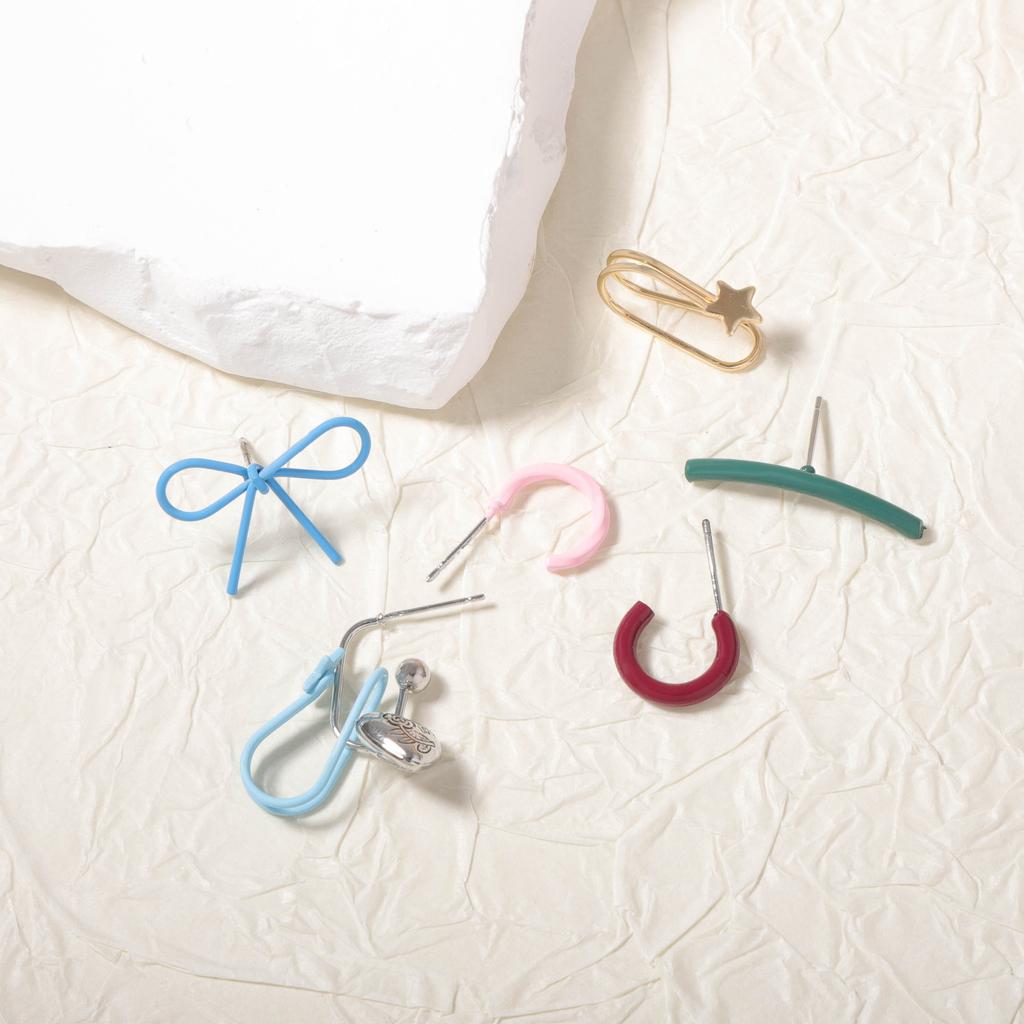 Cute Cartoon Fresh and Sweet Metal Geometric Bow Creative Design Sense Seven-piece Set of Women's Earrings Combination