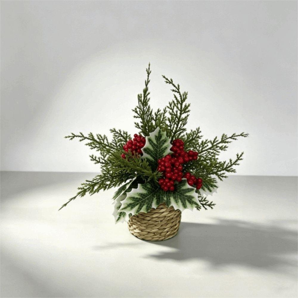 Potted Artificial Christmas Plant Woven Basket Christmas Mini Potted Plant Tabletop Ornament