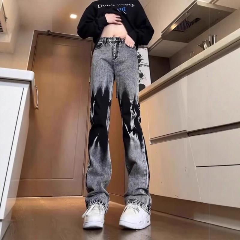 Mens Slim Fit Washed Denim Jeans With Tie-Dye Effect High Waist Straight Leg To Flared Cuff Lightweight Casual Pants